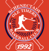 A red background with a baseball logo and bats.