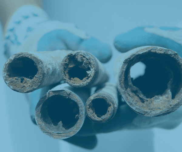 A close up of pipes with blue gloves on