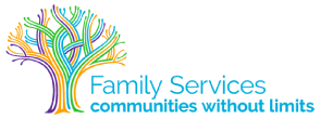 A green background with the words family services in blue.