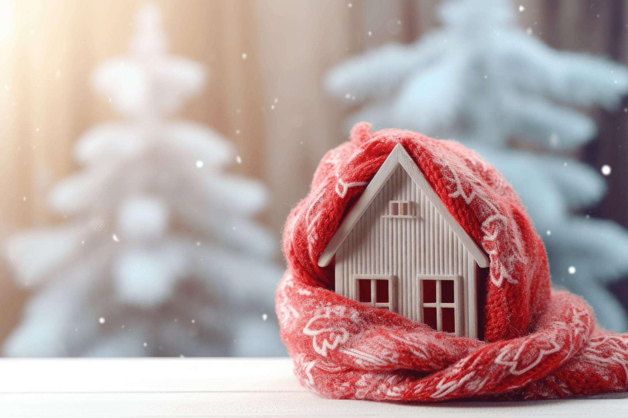 A small house wrapped in a scarf on top of a table.