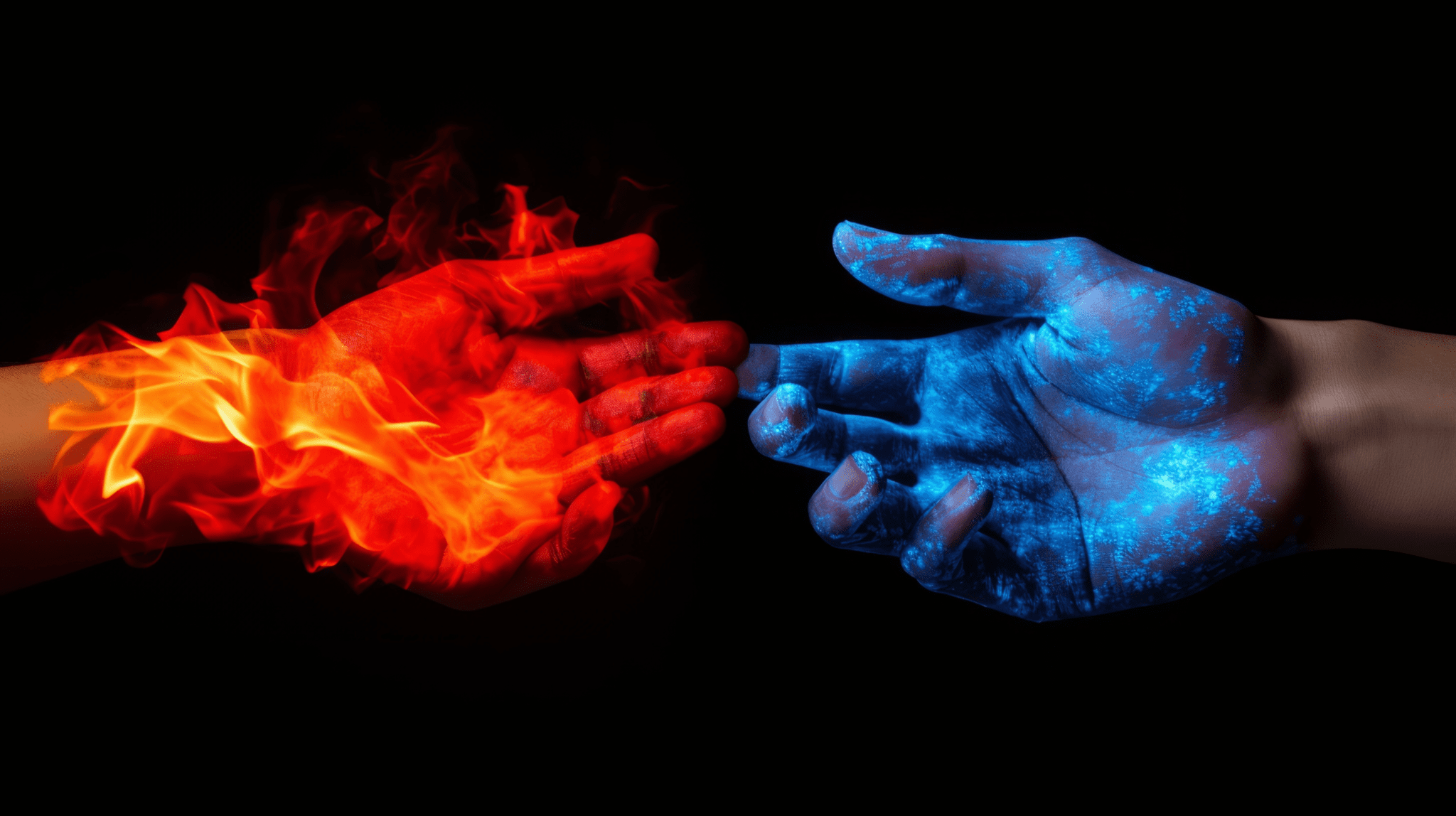 Two hands touching one another with fire and ice.