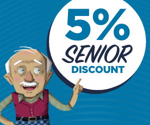 A cartoon of an older man holding up a sign that says 5 % senior discount.