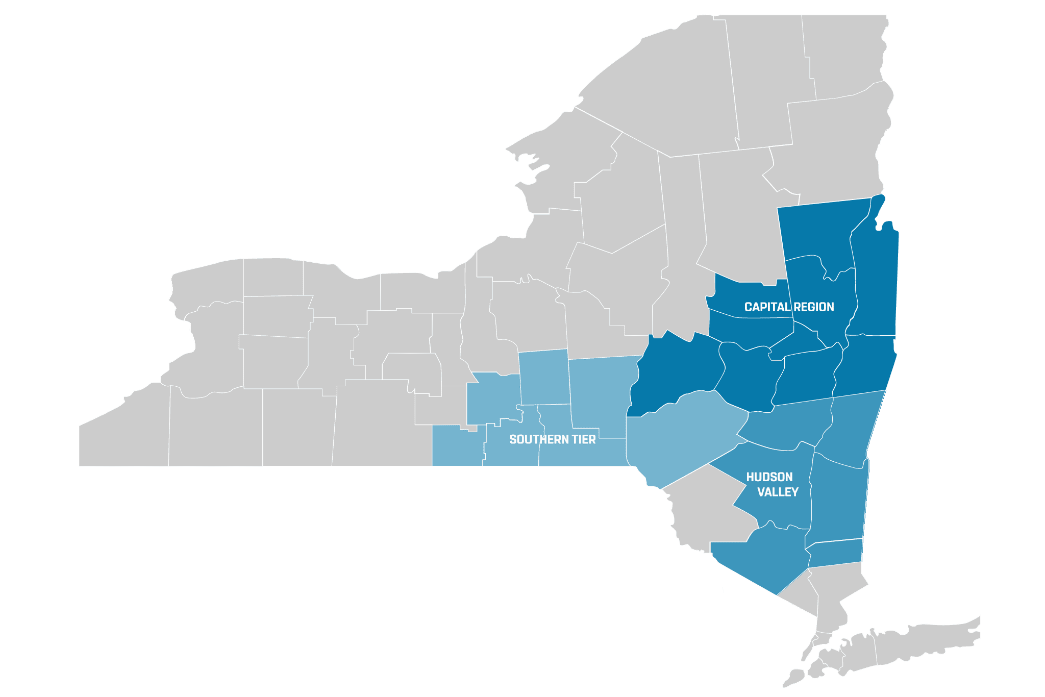 A map of new york with the counties shaded blue.