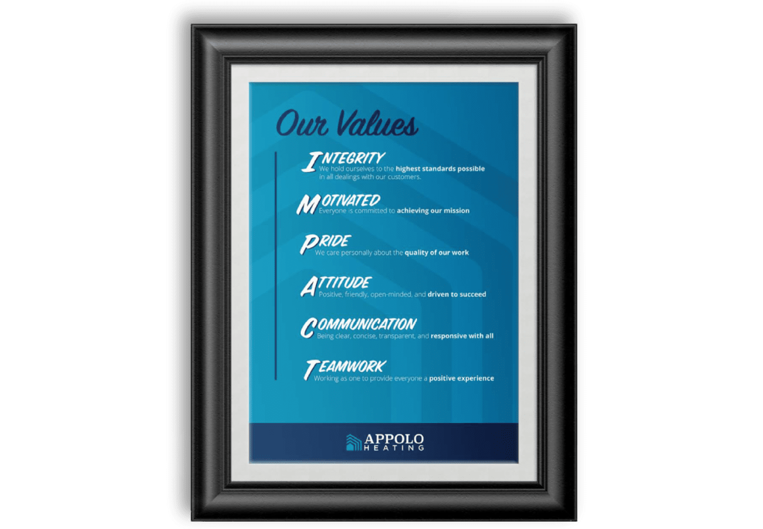 A framed poster of the values of ansma