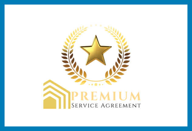 A gold star and laurel wreath with the words premium service agreement.