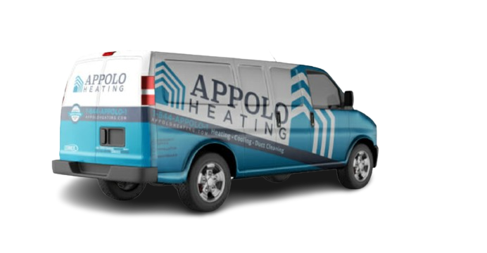 A van with the words " appolo heating " on it.