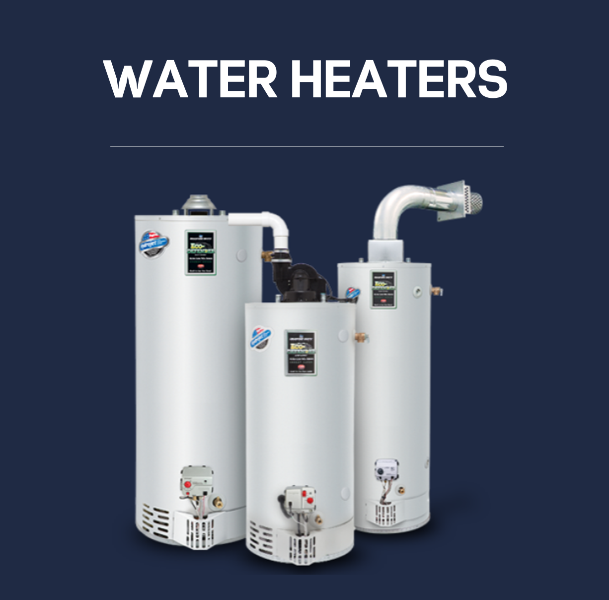 A group of water heaters on display next to each other.