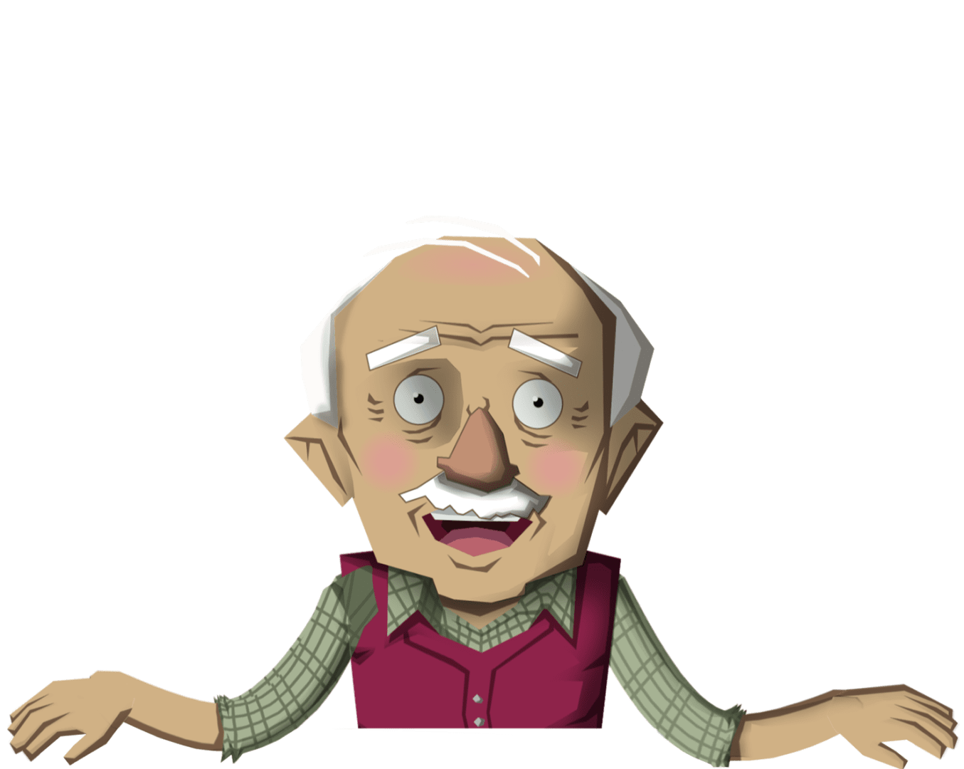 Smiling cartoon elderly man with gray hair.