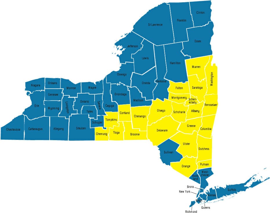 Map of New York state counties by color.