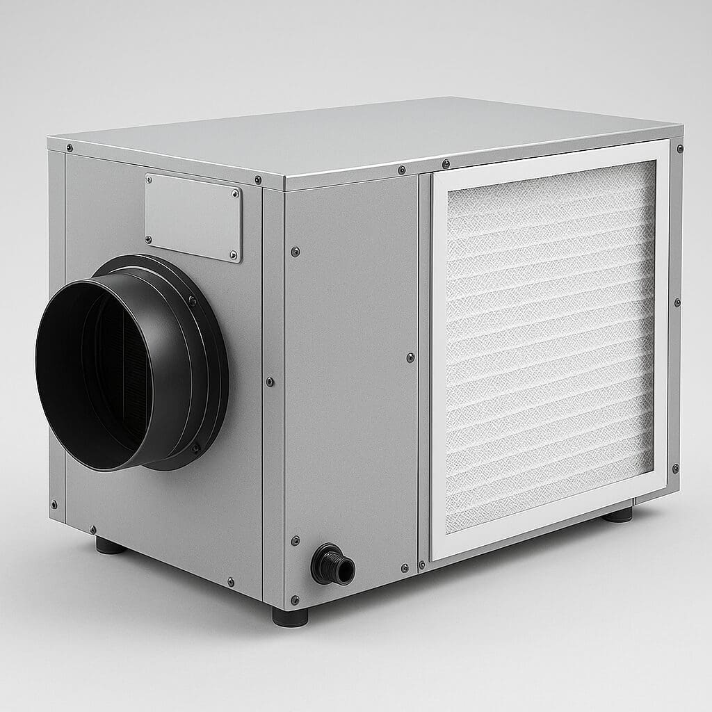 Whole-home dehumidifier unit with front air intake and side drainage port