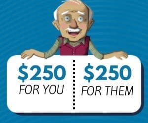 Cartoon man holding a sign offering a $250 referral bonus—$250 for you and $250 for them—on a blue background.