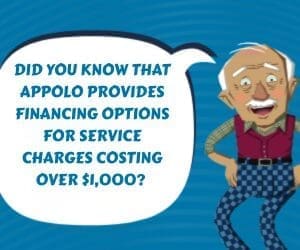 Cartoon man with a mustache and red vest smiling beside a speech bubble that reads “Did you know that Appolo provides financing options for services costing over $1,000?” on a blue background.