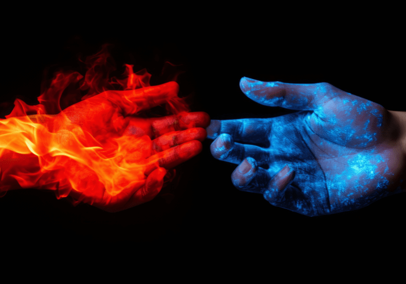 Two hands touching one another with fire and ice.